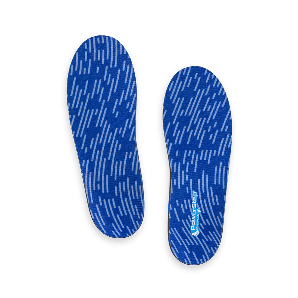 Top view of Pinnacle Junior Neutral Arch Support Shoe insoles with blue polyester top fabric, pediatric shoe insoles, boys shoes, girls shoes, these shoes inserts help relieve and prevent pain from conditions caused by foot malalignment, relief from mild overpronation, relief from plantar fasciitis pain, relief from pronation, orthotic shoe inserts for children with flat feet, arch supporting orthotic insoles, plantar fasciitis orthotics, kids orthotic insoles