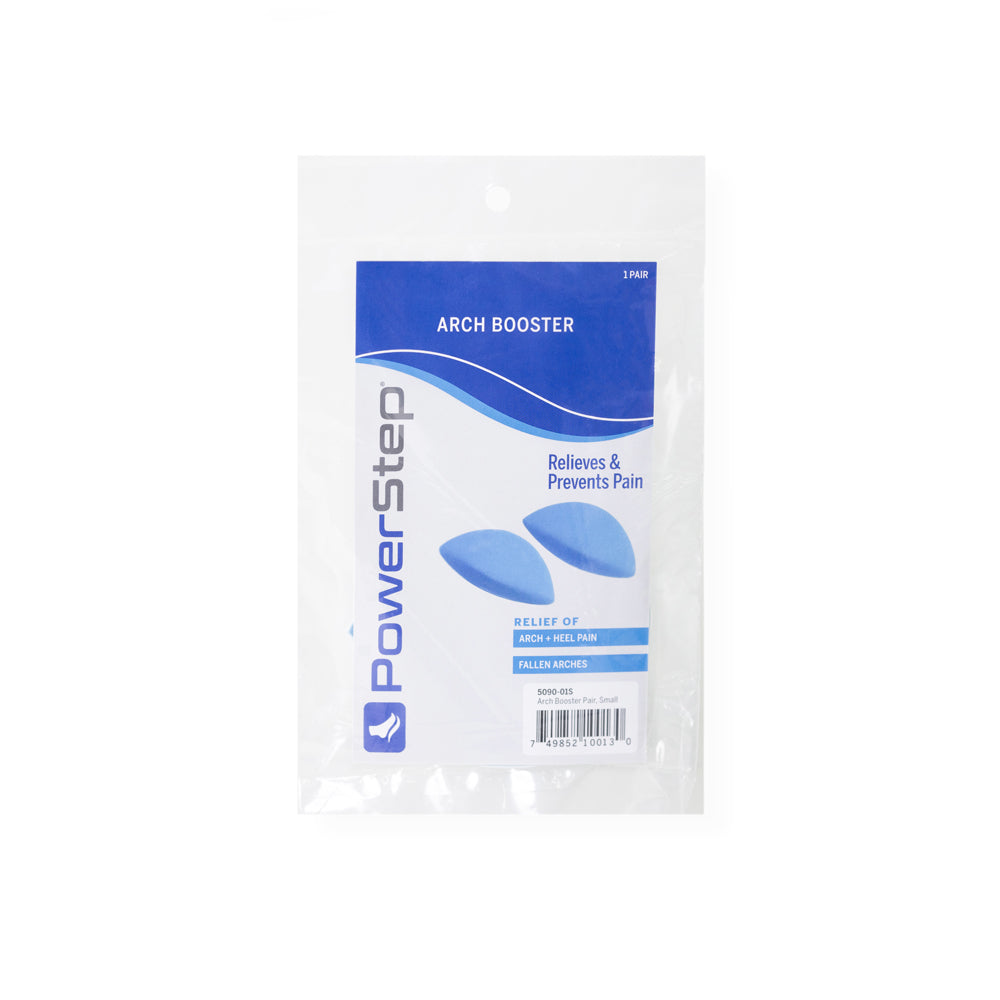 PowerStep Arch Booster packaging, one pair, extra arch support for those who need it, helps prevent and relieve heel and arch pain, pair with PowerStep orthotic insoles for customized support