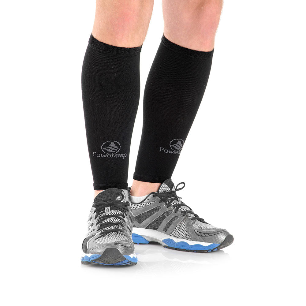 PowerStep Men's Performance Sleeves for supporting the calf, enhancing circulation, and relieving shin splints, advanced elastic polyurethane and nylon knit structure with COOLMAX fibers