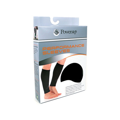PowerStep Performance Sleeves packaging, gradient compression, enhances circulation, decreases muscle fatigue, provides calf support, relieves shin splints and calf cramps
