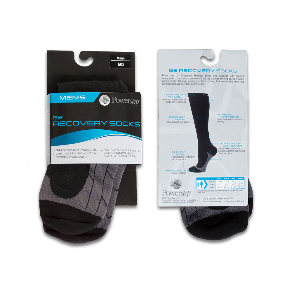 2nd Generation Recovery Socks for Men packaging, gradient compression, enhances circulation, speeds recovery, relieves shin splints, calf cramps, and aching feet and legs, soft, comfortable fibers and advanced knit structure #sizing-options_men-s