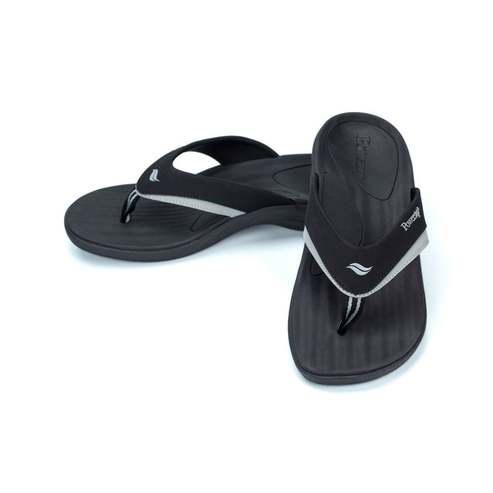 PowerStep Orthotic Arch Supporting Sandals for Men, black and gray sandals for men, polyurethane nuback and jersey lining on strap, nylon webbing toe post, medium density EVA footbed, high density EVA midsole, textured rubber outsole and tread #color_black-gray