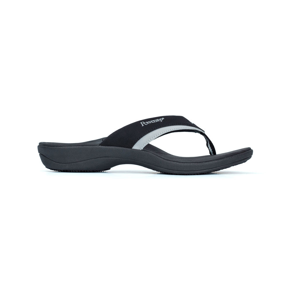 PowerStep Orthotic Arch Supporting Sandals for Men, profile view of orthotic sandal for men from outside showing away from arch, arch supporting sandals, flip flops, black and gray #color_black-gray