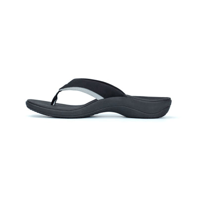 PowerStep Orthotic Arch Supporting Sandals for Men, profile view of orthotic sandal for men from inside showing arch, arch supporting sandals, flip flops, black and gray #color_black-gray