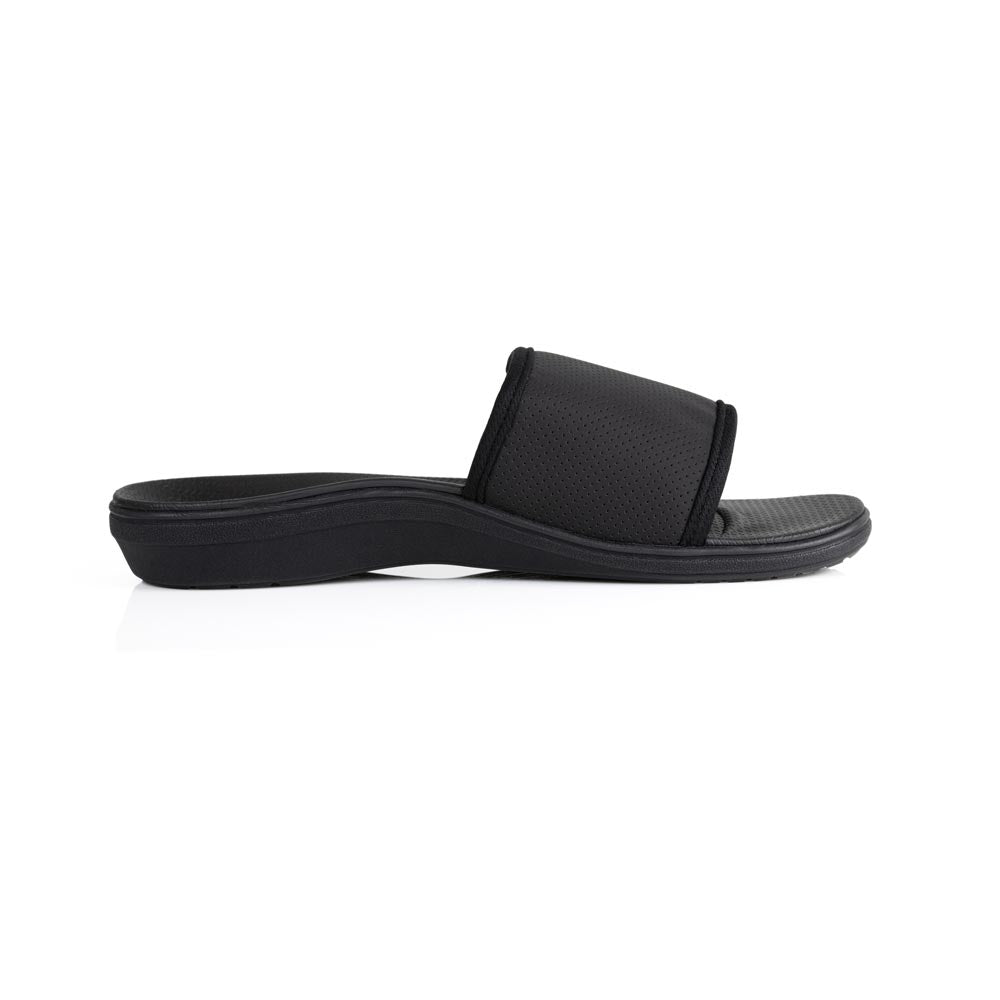 powerstep orthotic arch supporting slide sandals for men, black slide sandals, slip-on shoe, profile view of arch support #color_black