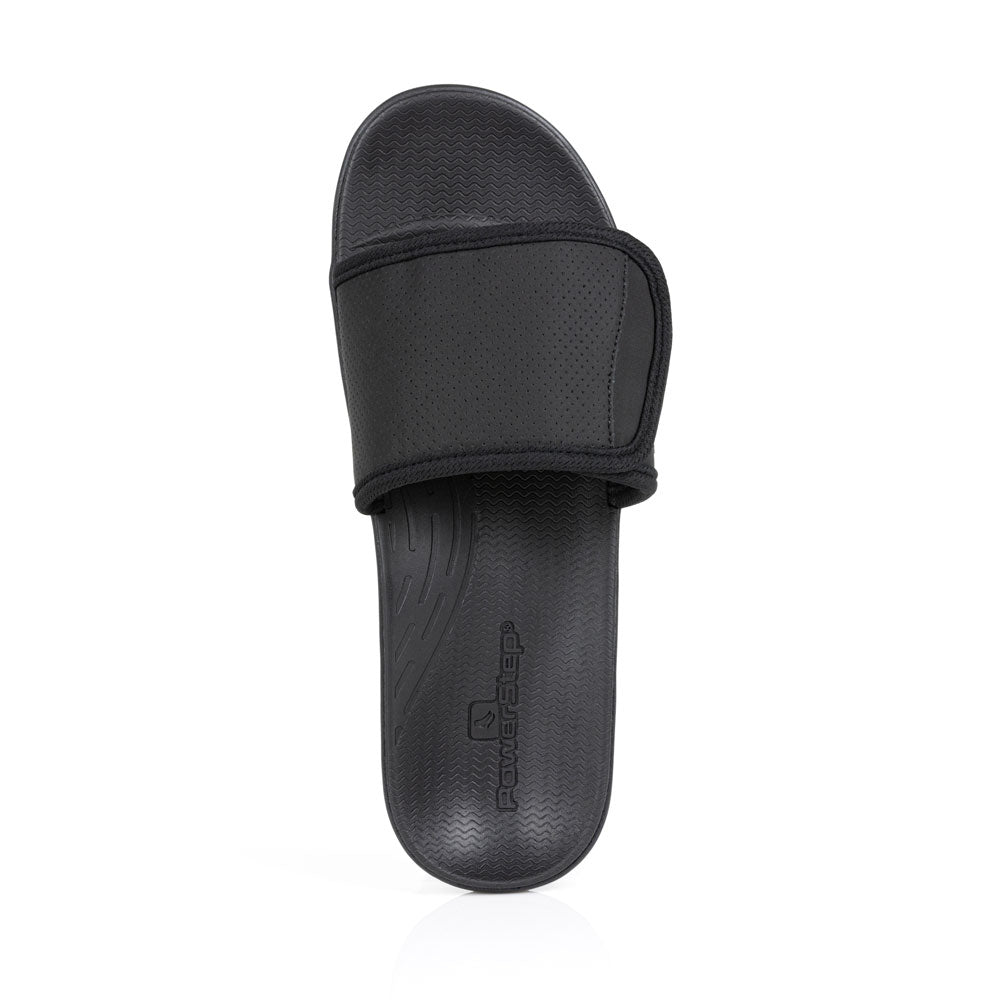 powerstep orthotic arch supporting slide sandals for men, black slide sandals, slip-on shoe, top view of sandal #color_black