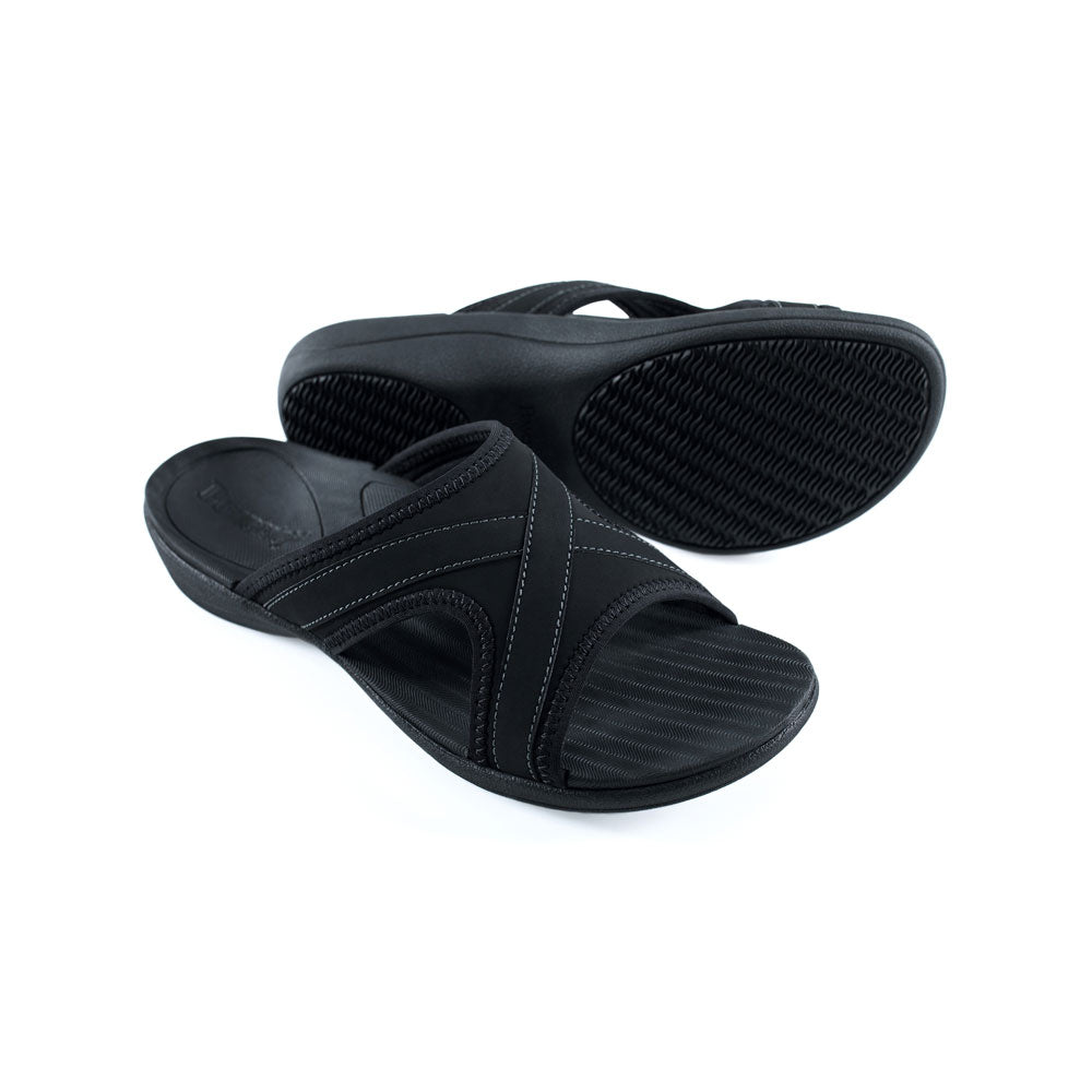 PowerStep Orthotic Arch Supporting Slide Sandals for Women, image of tread on bottom of slide sandal, black slide sandals with arch support for women, slide sandals for pronation