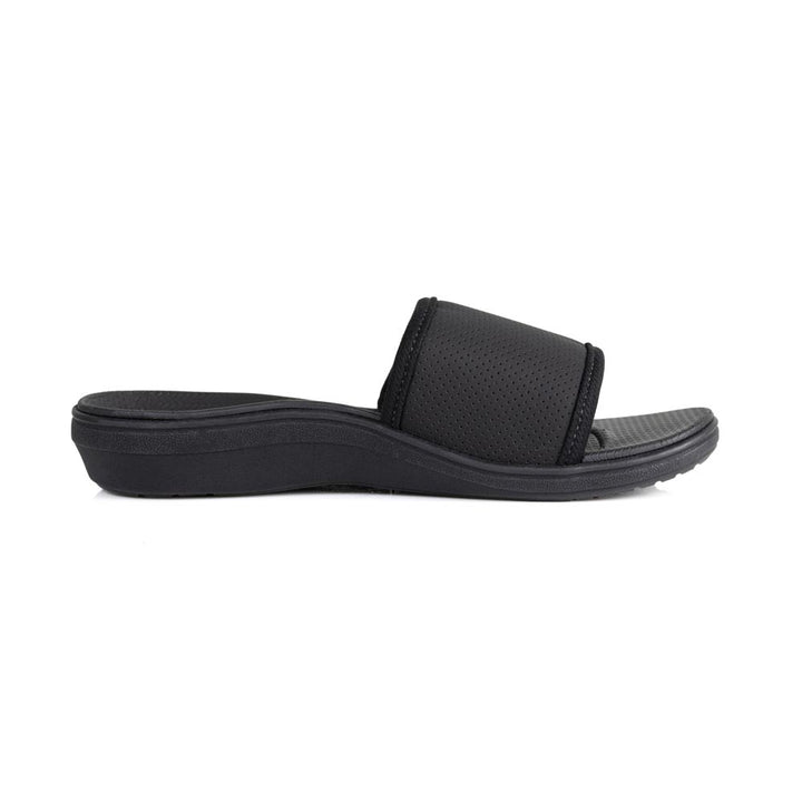 powerstep orthotic arch supporting slide sandals for women, black slide sandals, slip-on shoe, profile view of arch support #color_black