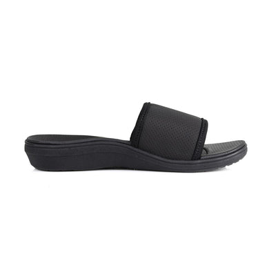powerstep orthotic arch supporting slide sandals for women, black slide sandals, slip-on shoe, profile view of arch support #color_black