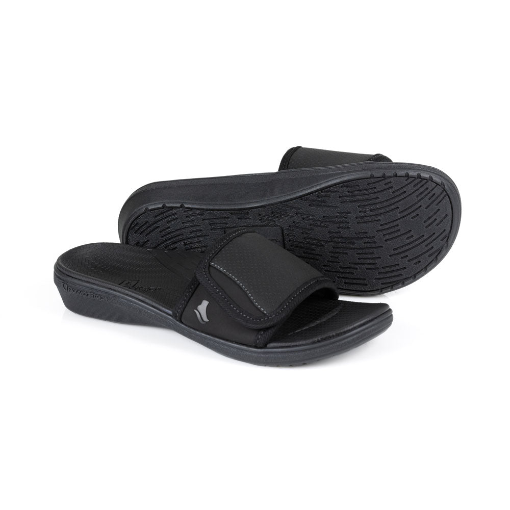 powerstep orthotic arch supporting slide sandals for women, black slide sandals, slip-on shoe, base of sandal with traction #color_black