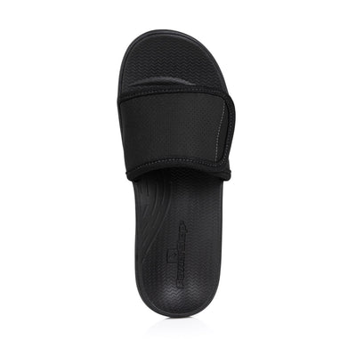 powerstep orthotic arch supporting slide sandals for women, black slide sandals, slip-on shoe, top view of sandal #color_black