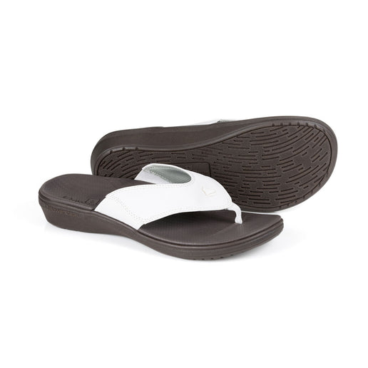 powerstep orthotic arch supporting sandals for women, white and brown sandals, base of sandal with traction #color_white-brown