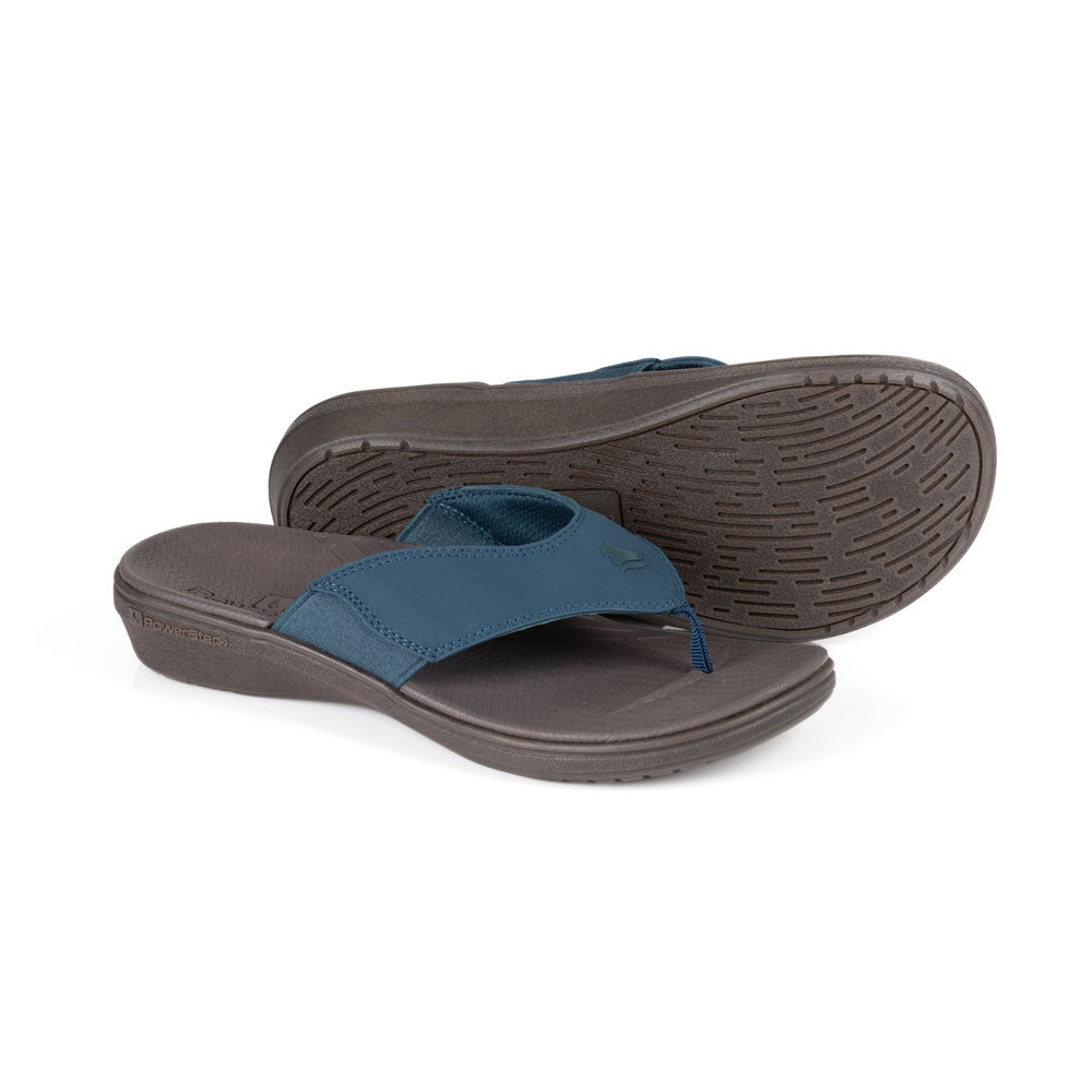 powerstep orthotic arch supporting sandals for women, navy and brown sandals, base of sandal with traction #color_navy-brown