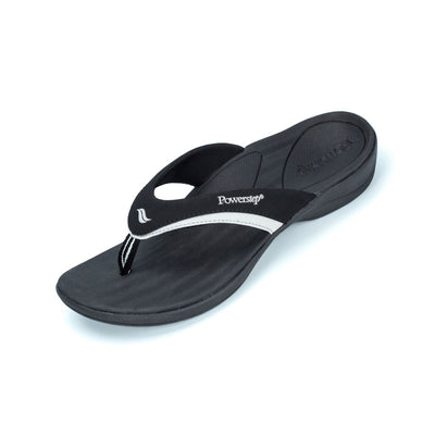 PowerStep Orthotic Arch Supporting Sandals for Women, sandals that help with pronation, arch supporting footwear, black and light gray sandals for women, soft lining and nylon webbing toe post, cushioned midsole absorbs shock, orthopedic sandals for women, comfortable sandals for women, sandals for plantar fasciitis #color_black-light-gray