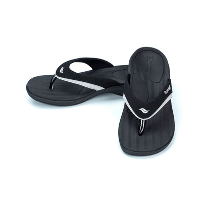 PowerStep Orthotic Arch Supporting Sandals for Women, black and light gray sandals for women, polyurethane nuback and jersey lining on strap, nylon webbing toe post, medium density EVA footbed, high density EVA midsole, textured rubber outsole and tread #color_black-light-gray