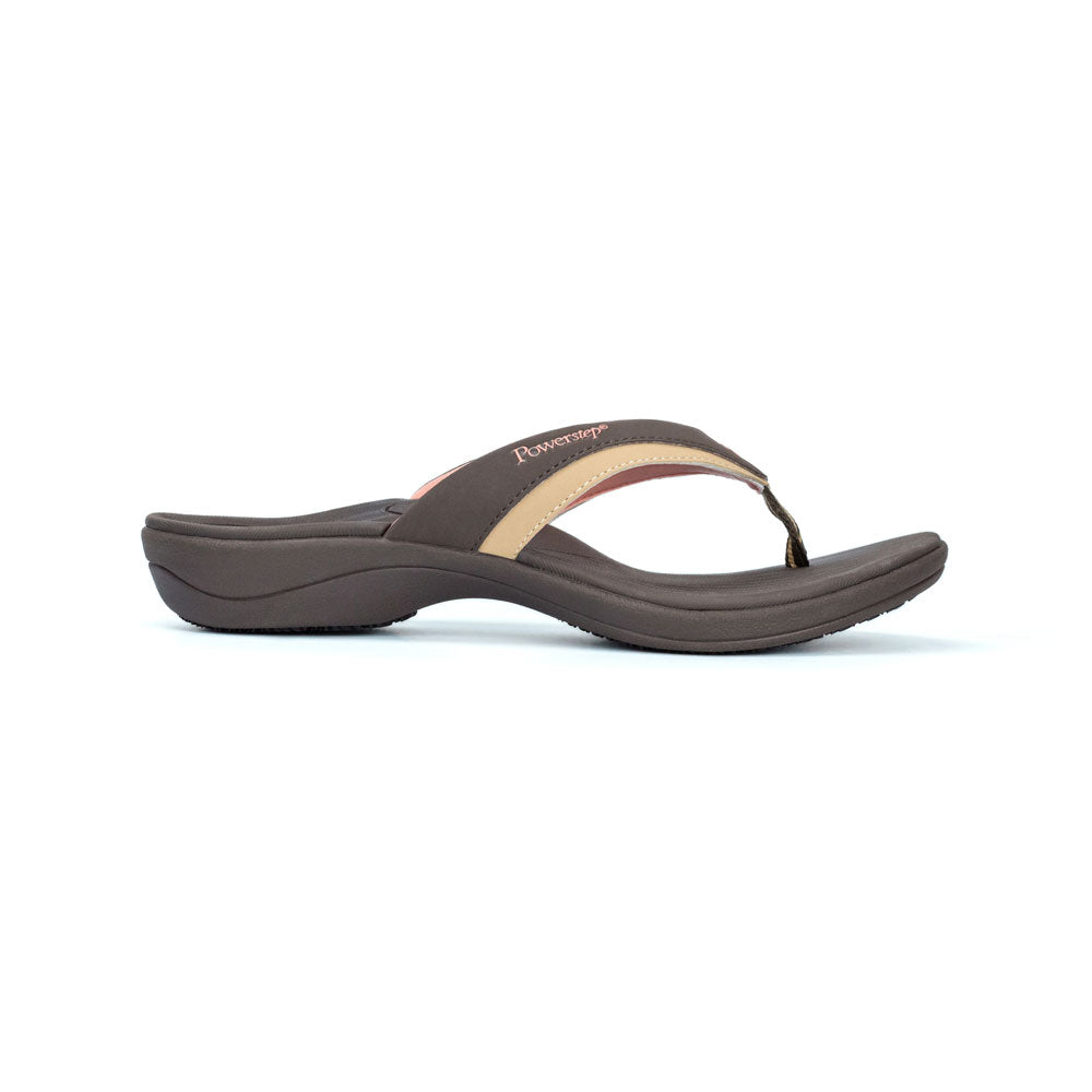 PowerStep Orthotic Arch Supporting Sandals for Women, profile view of orthotic sandal for women from outside showing away from arch, arch supporting sandals, flip flops, brown and tan #color_brown-tan