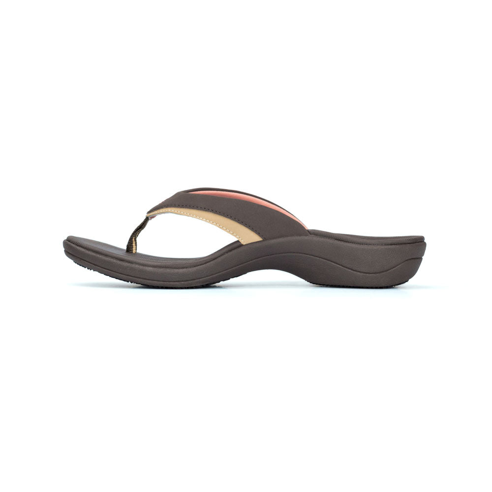 PowerStep Orthotic Arch Supporting Sandals for Women, profile view of orthotic sandal for women from inside showing arch, arch supporting sandals, flip flops, brown and tan #color_brown-tan