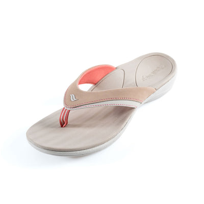 PowerStep Orthotic Arch Supporting Sandals for Women, sandals that help with pronation, arch supporting footwear, brown and tan sandals for women, soft lining and nylon webbing toe post, cushioned midsole absorbs shock #color_khaki-coral