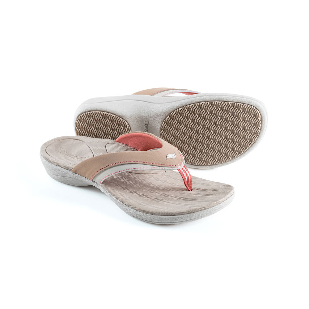 PowerStep Orthotic Arch Supporting Sandals for Women, image of tread on bottom of sandal, khaki and coral sandals with arch support for women, sandals for pronation #color_khaki-coral