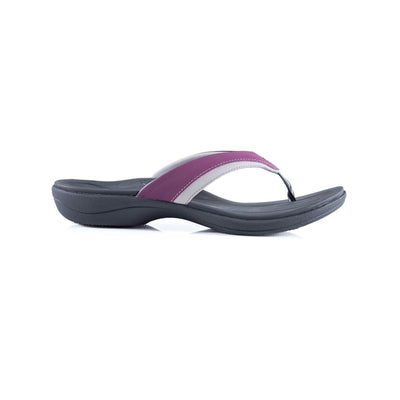 PowerStep Orthotic Arch Supporting Sandals for Women, profile view of orthotic sandal for women from outside showing away from arch, arch supporting sandals, flip flops, plum and charcoal #color_plum-charcoal