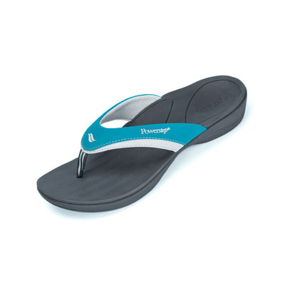 PowerStep Orthotic Arch Supporting Sandals for Women, sandals that help with pronation, arch supporting footwear, brown and tan sandals for women, soft lining and nylon webbing toe post, cushioned midsole absorbs shock #color_teal-charcoal