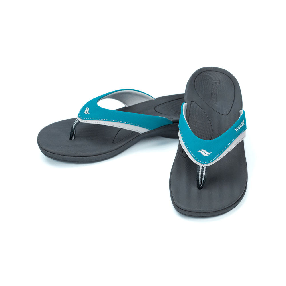 PowerStep Orthotic Arch Supporting Sandals for Women, teal and charcoal sandals for women, polyurethane nuback and jersey lining on strap, nylon webbing toe post, medium density EVA footbed, high density EVA midsole, textured rubber outsole and tread #color_teal-charcoal