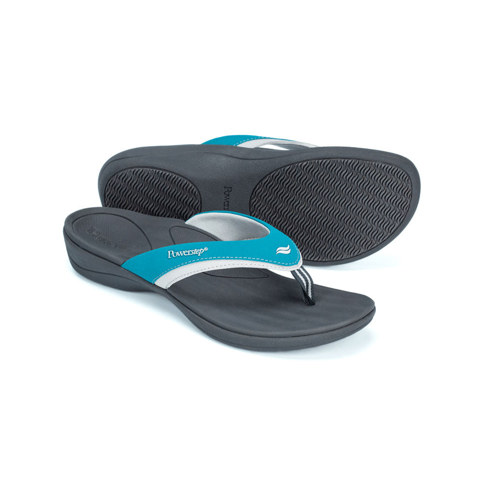 PowerStep Orthotic Arch Supporting Sandals for Women, image of tread on bottom of sandal, teal and charcoal sandals with arch support for women, sandals for pronation #color_teal-charcoal