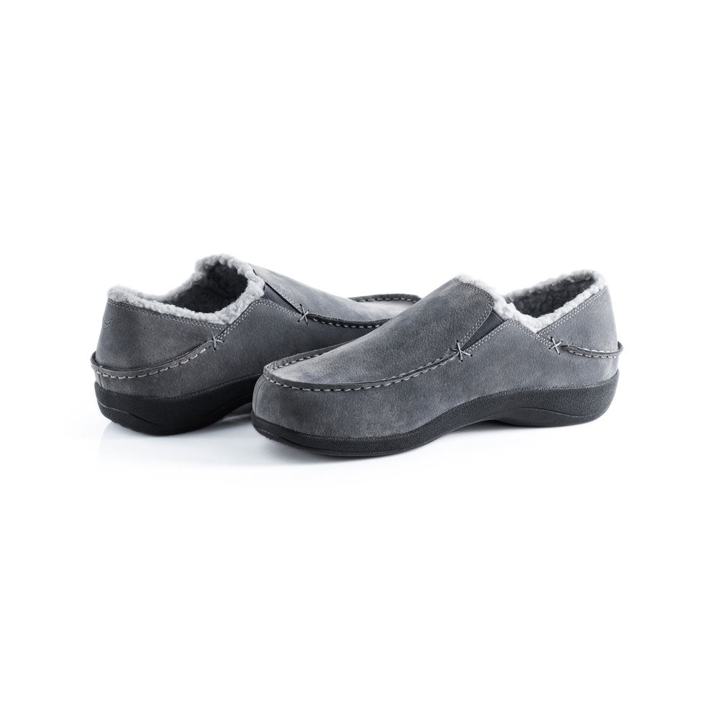 PowerStep Orthotic Arch Supporting slippers for Men pair view from back, charcoal and light gray slippers for men, Synthetic microfiber with elastic panels, faux shearling, medium density EVA midsole, textured rubber outsole and tread, view of orthotic slipper for men from heel to toe, arch supporting slippers #color_charcoal-light-gray