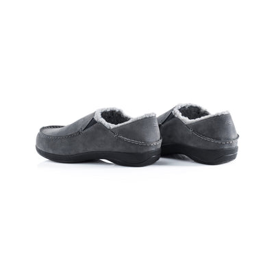 PowerStep Orthotic Arch Supporting slippers for Men, view of orthotic slipper for men from heel to toe, arch supporting slippers, charcoal and light gray #color_charcoal-light-gray