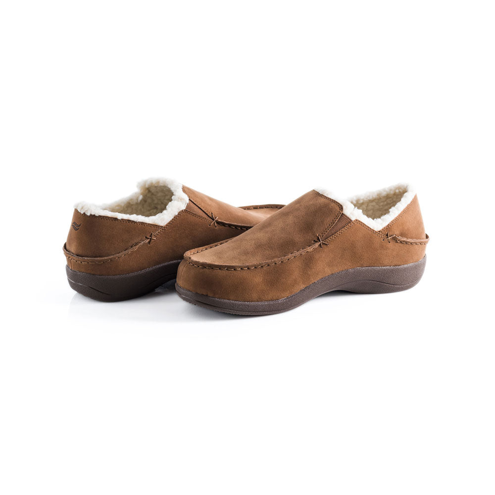 PowerStep Orthotic Arch Supporting slippers for Men pair view from back, brown and ivory slippers for men, Synthetic microfiber with elastic panels, faux shearling, medium density EVA midsole, textured rubber outsole and tread, view of orthotic slipper for men from heel to toe, arch supporting slippers #color_brown-ivory
