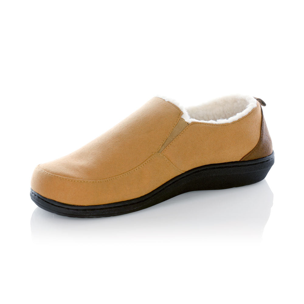 PowerStep Orthotic Arch Supporting twin-gore slippers for Men, slippers that help with pronation, arch supporting footwear, brown and ivory slippers for men, cushioned midsole absorbs shock, orthopedic shoes for men, men's slippers with arch support #color_light-brown