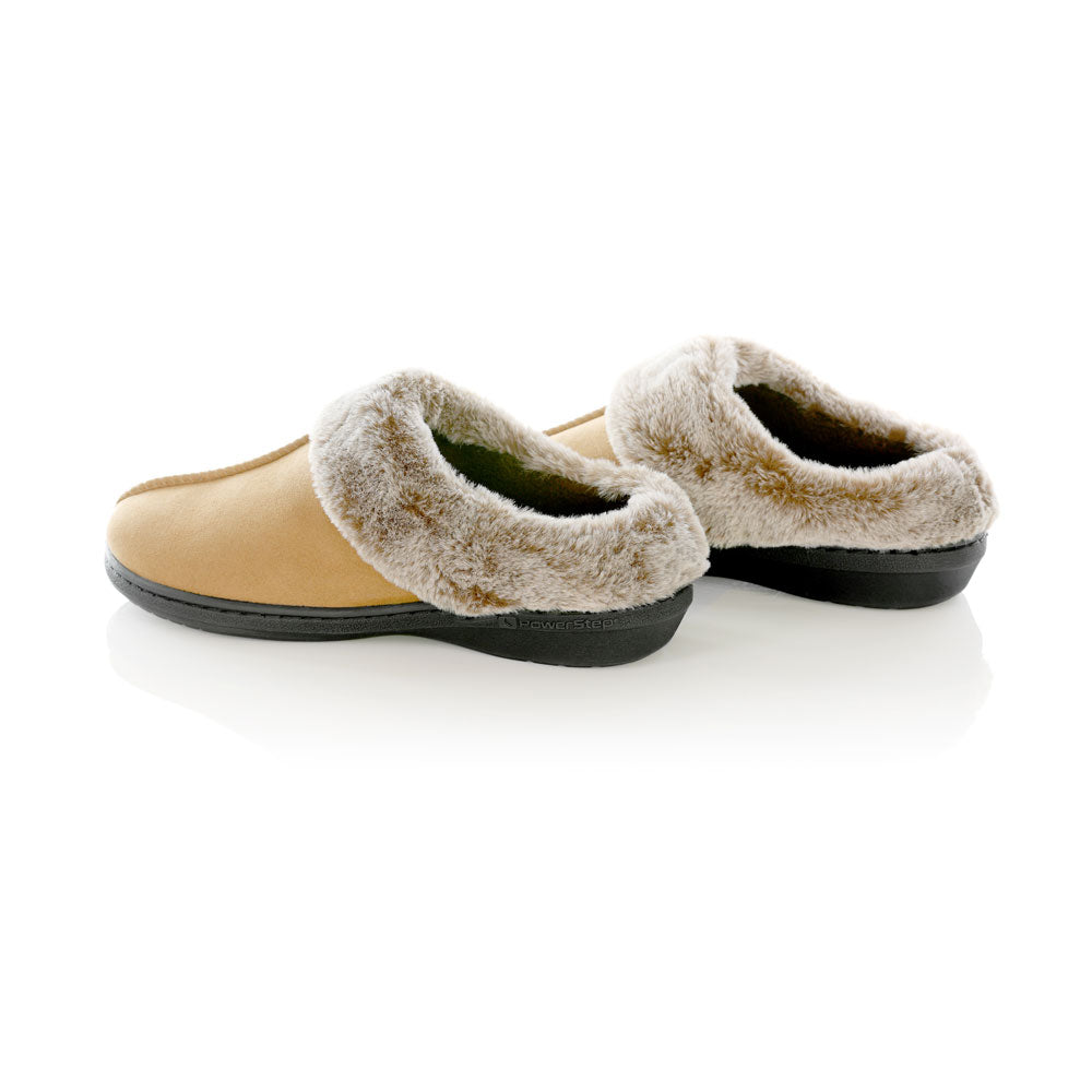 PowerStep Orthotic Arch Supporting clog slippers for Women pair, brown slippers for women, Synthetic microfiber upper, faux fur, medium density EVA midsole, textured rubber outsole and tread, view of orthotic slippers for women from heel to toe, arch supporting slippers #color_light-brown