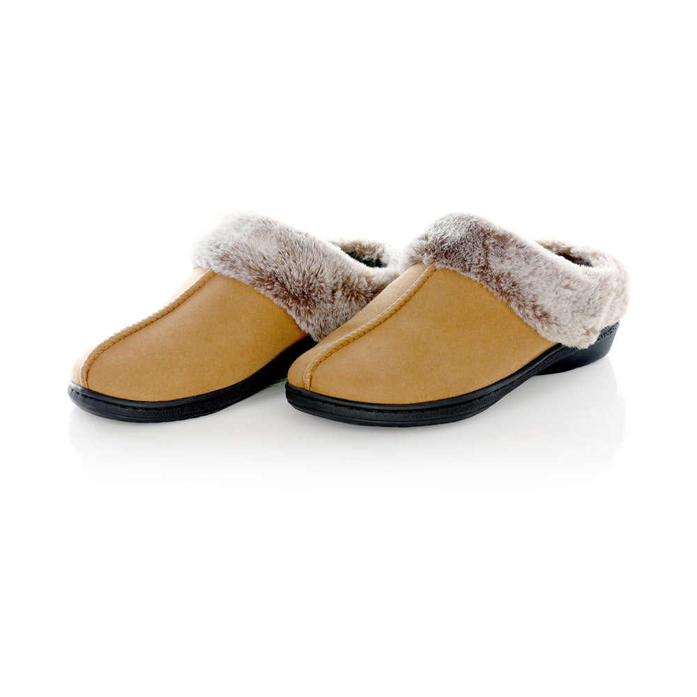 PowerStep Orthotic Arch Supporting clog slippers for Women pair, brown slippers for women, Synthetic microfiber upper, faux fur, medium density EVA midsole, textured rubber outsole and tread, view of orthotic slippers for women from heel to toe, arch supporting slippers #color_light-brown