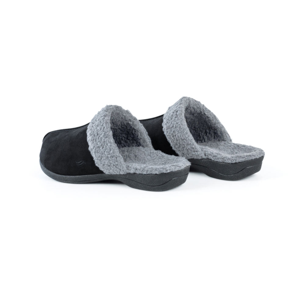 PowerStep Orthotic Arch Supporting slippers for Women pair view from back, black and light gray slippers for women, Synthetic microfiber upper, faux shearling, medium density EVA midsole, textured rubber outsole and tread, view of orthotic slippers for women from heel to toe, arch supporting slippers #color_black-light-gray