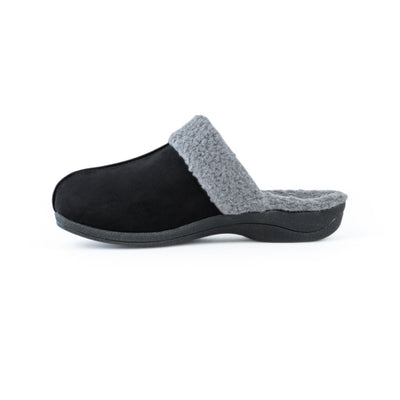 PowerStep Orthotic Arch Supporting slippers for Women, profile view of orthotic slippers for women from inside showing arch, arch supporting slippers, black and light gray #color_black-light-gray