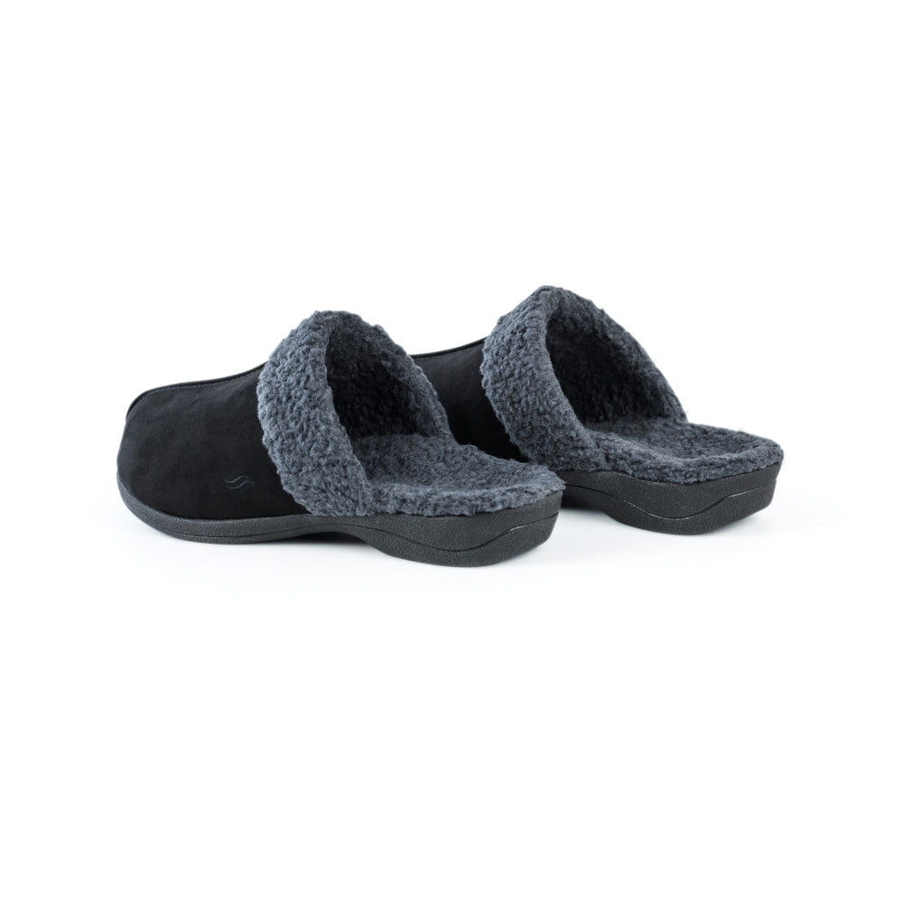 PowerStep Orthotic Arch Supporting slippers for Women pair view from back, black and charcoal slippers for women, Synthetic microfiber upper, faux shearling, medium density EVA midsole, textured rubber outsole and tread, view of orthotic slippers for women from heel to toe, arch supporting slippers #color_black-charcoal