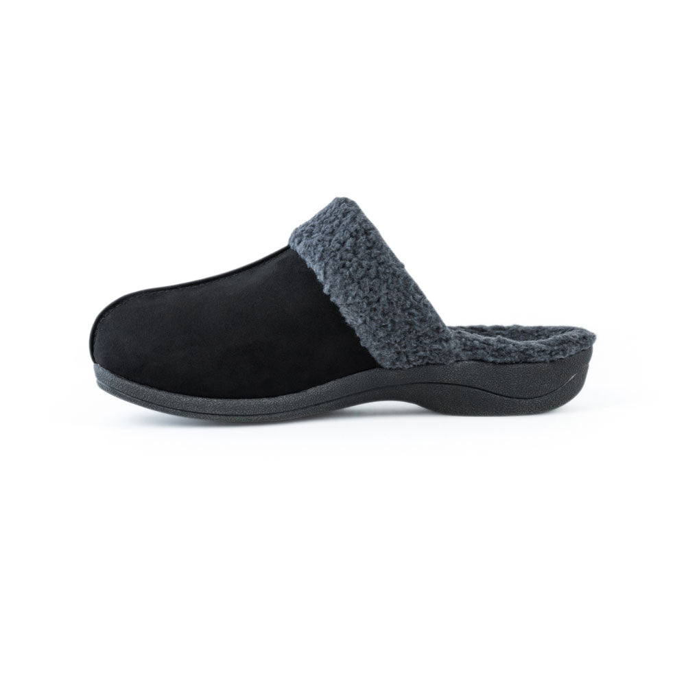 PowerStep Orthotic Arch Supporting slippers for Women, profile view of orthotic slippers for women from inside showing arch, arch supporting slippers, black and charcoal #color_black-charcoal