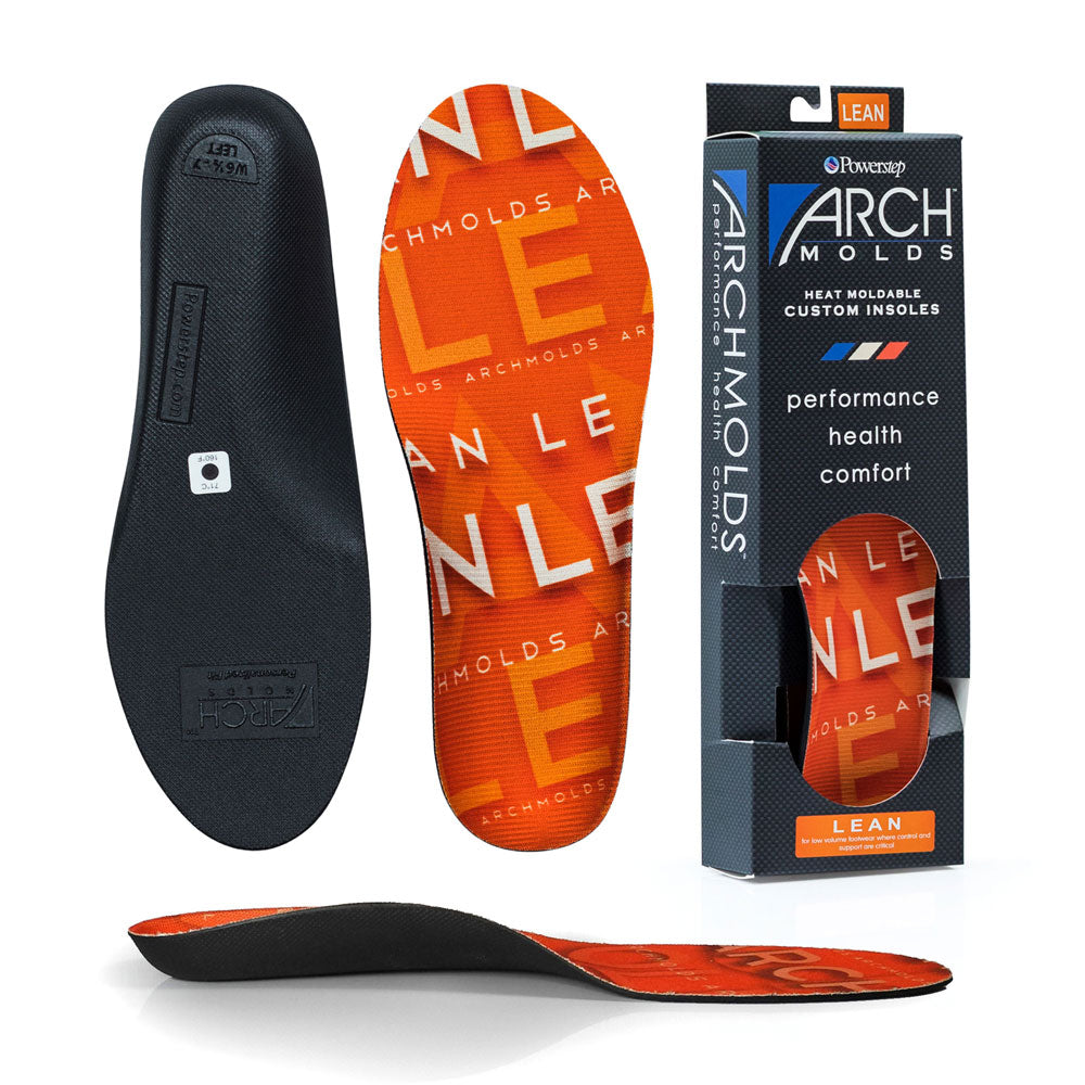 PowerStep ArchMolds Lean Custom Heat Moldable insoles, base is black with heat moldable EVA that contours to all foot shapes, top view of insole with orange top fabric that reduces heat friction and perspiration, image of packaging, image of low-profile design with arch that can be molded to any foot shape, insoles for men, insoles for women, overpronation, supination, pronation, flat feet, high arches