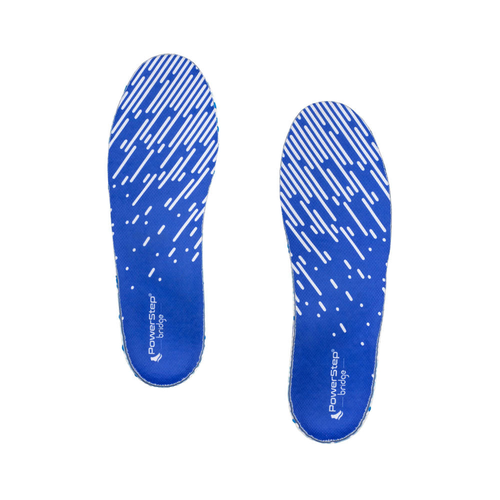 Top view of PowerStep Bridge Arch Supporting Shoe inserts, cushioning insoles for men, cushioning insoles for women, women shoes, mens shoes, comfort insoles that adapt to your foot shape, inserts for shoes with blue polyester top fabric, insoles for supination, insoles for overpronation