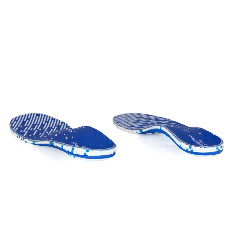 View from heel to toe of PowerStep Bridge Arch Support Cushioning Insoles, cushioning insoles for men, cushioning insoles for women, women shoes, mens shoes, comfort insoles that adapt to the shape of your foot, inserts for shoes with blue polyester top fabric