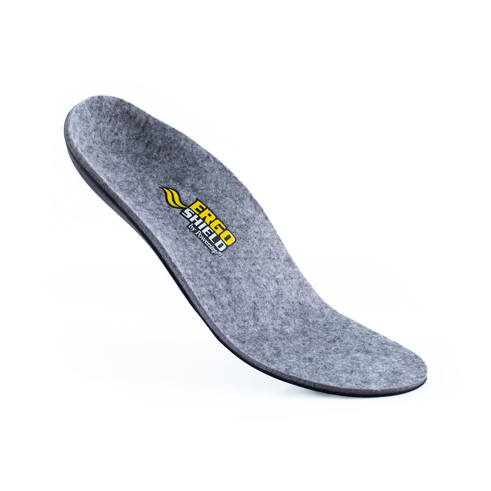 Floating insole image of ErgoShield ESD shoe inserts for men and women, slight arch support, recommended for use in ESD approved footwear, electro-static dissipation