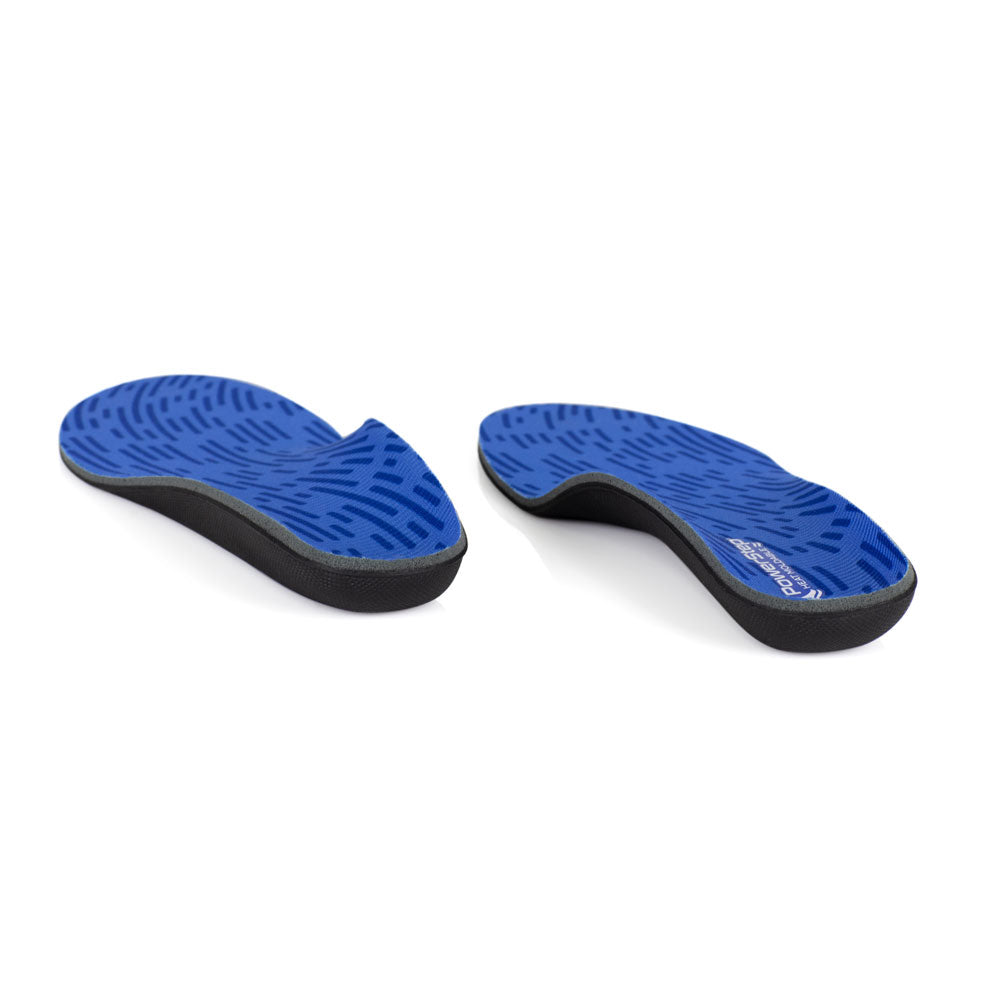 View of heat moldable orthotic shoe inserts from heel to toe, arch support molds to your arch type, orthotics for all arch heights, low arch support, high arch support, flat feet, supination, overpronation, arch support helps relieve plantar fasciitis pain