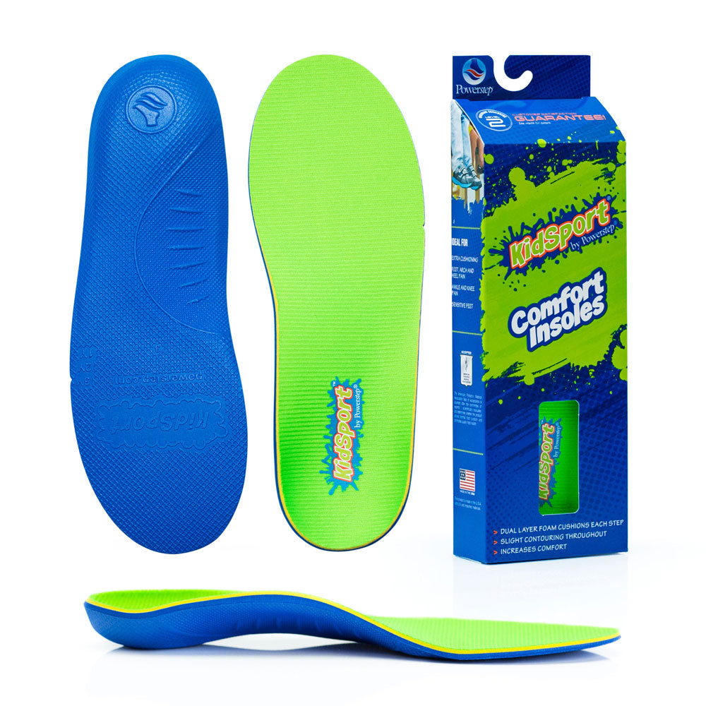 Image of base of Kidsport comfort insoles for children featuring blue EVA, top view of insole with lime green top fabric that reduces friction heat and sweating, image of kidsport packaging, profile view of kidsport insole shows light arch support with contoured arch shape, full length shoe inserts for kids, pediatric shoe inserts