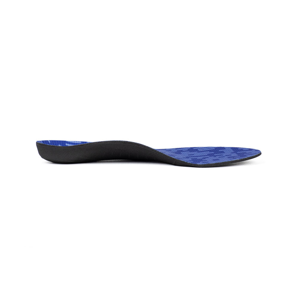 Profile view of Original shoe insoles with semi-rigid arch support for pronation, shoe inserts to help relieve pain from plantar fasciitis, arch support for plantar fasciitis, low-profile design for low-profile shoes, thin orthotic shoe insoles with arch support