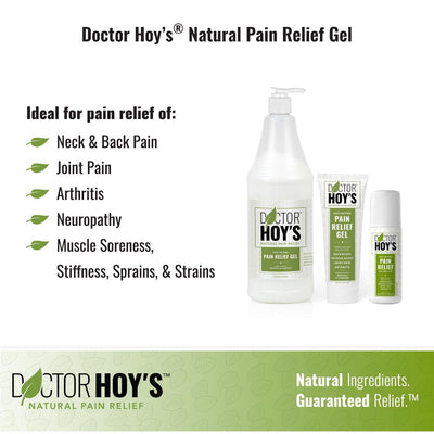 Doctor Hoy’s Natural Pain Relief Gel is ideal for pain relief of: neck and back pain, joint pain, arthritis, neuropathy, muscle soreness, stiffness, sprains, and strains.