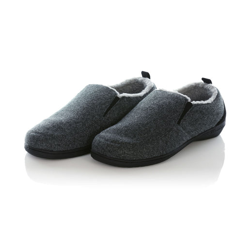 PowerStep Orthotic Arch Supporting twin-gore slippers for Men pair, charcoal and light gray slippers for men, Synthetic microfiber with elastic panels, faux shearling, EVA midsole, textured outsole, arch supporting slippers #color_charcoal