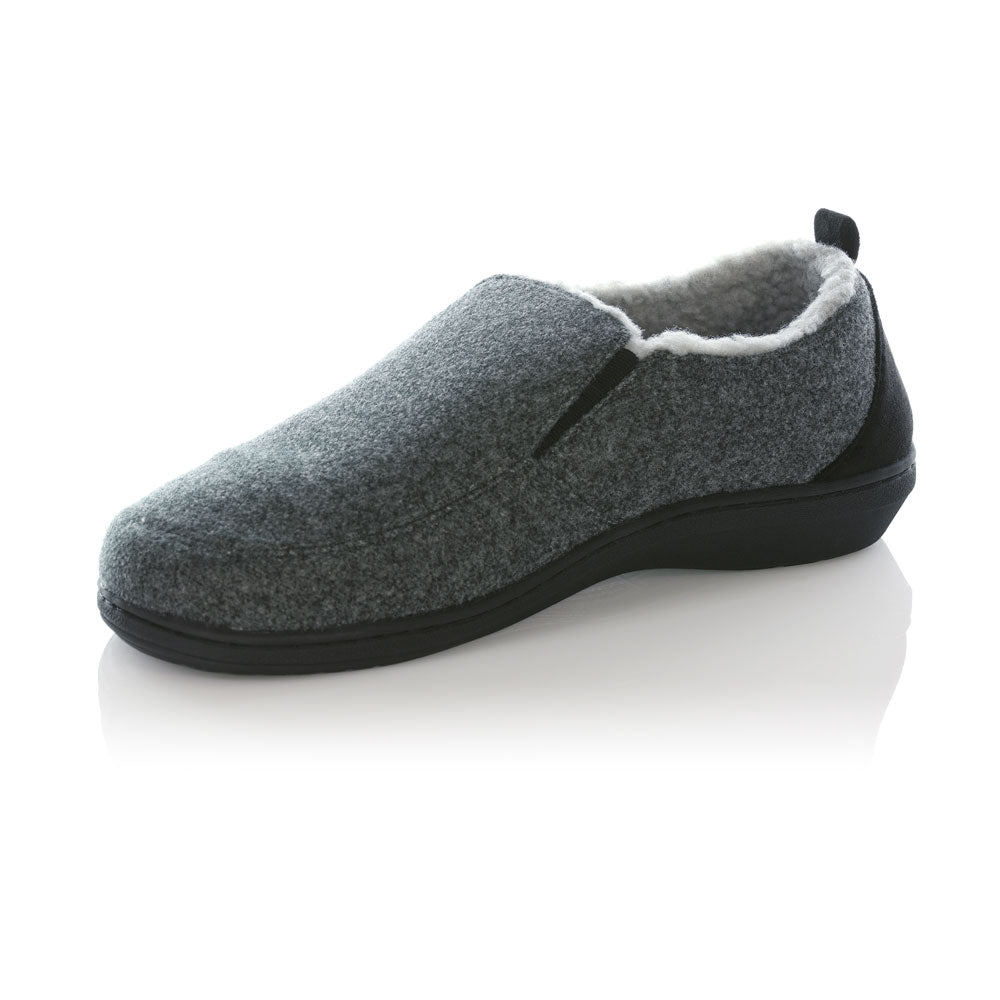 PowerStep Orthotic Arch Supporting twin-gore slippers for Men, slippers that help with pronation, arch supporting footwear, charcoal and light gray slippers for men, cushioned midsole absorbs shock, orthopedic shoes for men, men's slippers with arch support #color_charcoal