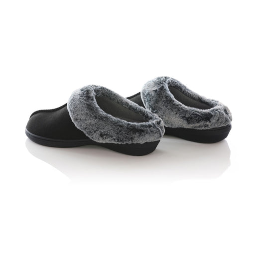 PowerStep Orthotic Arch Supporting clog slippers for Women pair, black slippers for women, Synthetic microfiber upper, faux fur, medium density EVA midsole, textured rubber outsole and tread, view of orthotic slippers for women from heel to toe, arch supporting slippers #color_black