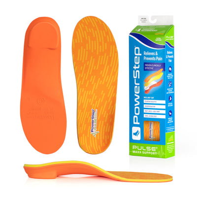 Bottom view of shoe inserts for PULSE Maxx Support Arch Support Orthotic Shoe Insoles with orange EVA base, top view of shoe insoles with orange and yellow polyester top fabric, image of PULSE Maxx Arch Support Insoles packaging, profile view of PULSE Maxx Arch Support Orthotic Insoles with firm neutral arch support for flat feet features posted heel, relief of plantar fasciitis, overpronation, foot, arch and heel pain, sore aching feet, standard arch support for overpronation, insoles for flat feet