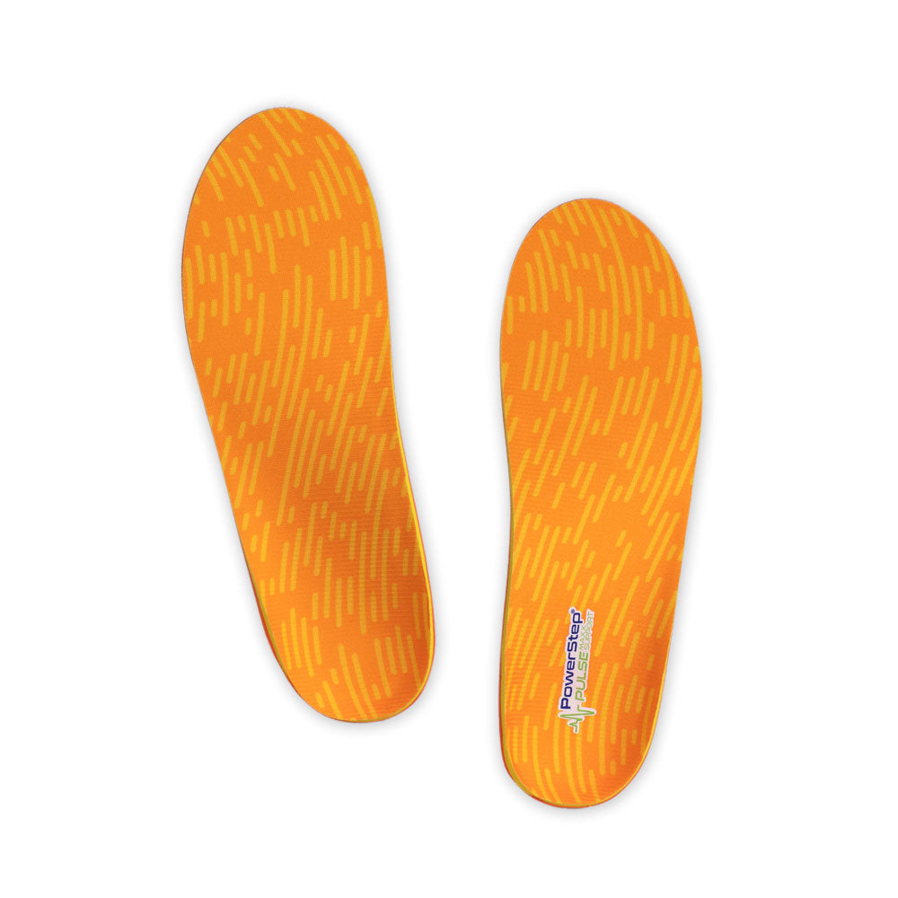 Top view of PULSE Maxx Support Arch Support Shoe insoles with orange and yellow polyester top fabric, flat foot shoe insoles, womens shoes, mens shoes, these shoes inserts help relieve and prevent pain from conditions caused by foot malalignment, relief from overpronation, relief from plantar fasciitis pain, flat feet relief, orthotic shoe inserts for flat feet, arch supporting orthotic insoles, plantar fasciitis orthotics, orthotic insoles for neutral arch support for running